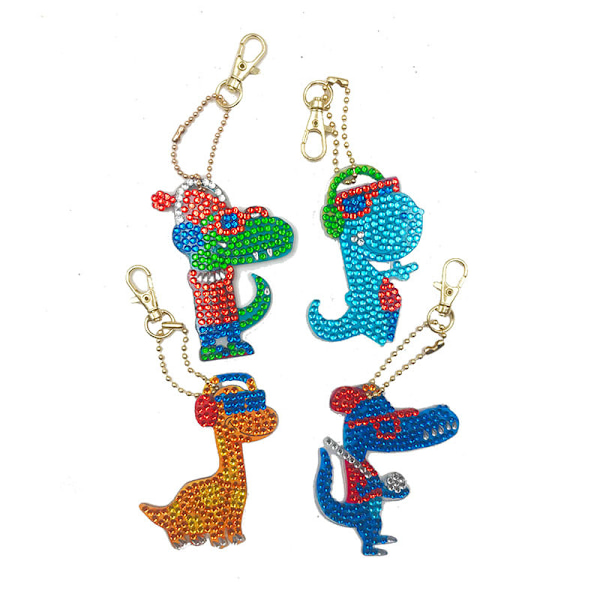 Fire-delt Dinosaur DIY Diamantmaleri Nøglering Rhinestone Pai