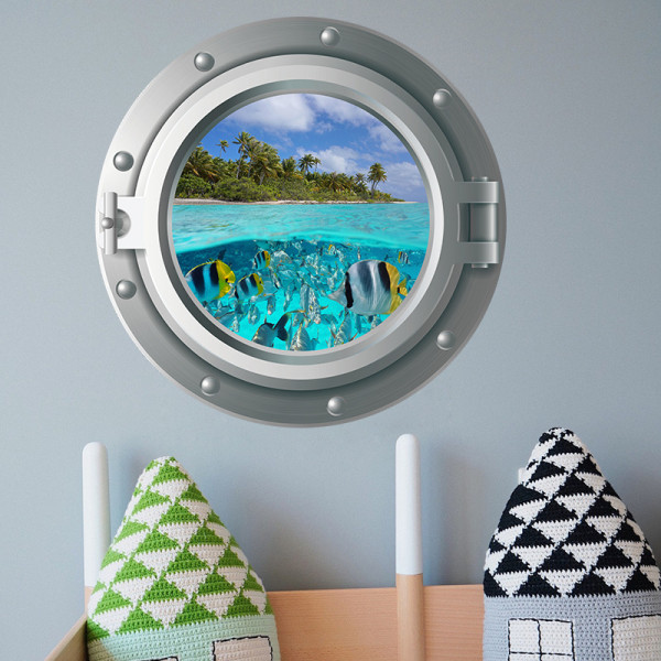 Två set 35x35cm Väggdekaler 3D Rundfönster Underhav Världen Vägg