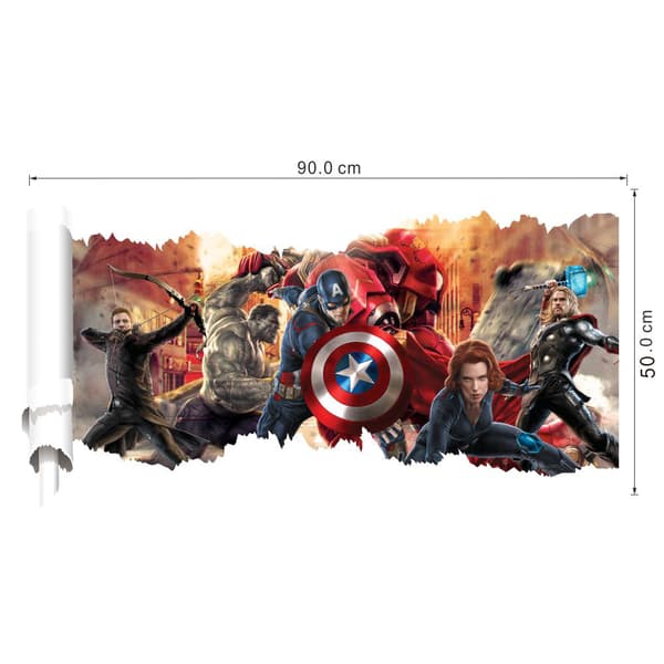 Marvel Avengers -vinyylitarrat rikottuun seinään, makuuhuoneeseen