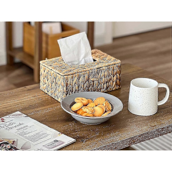 Servietholder i flet, vævskassebetræk i vandhyacint, dekorativ vævskasseholder med låg, håndvævet servietdispenser, 1 stk., 25,4 cm L x 15,2 cm B x 10,2 cm H