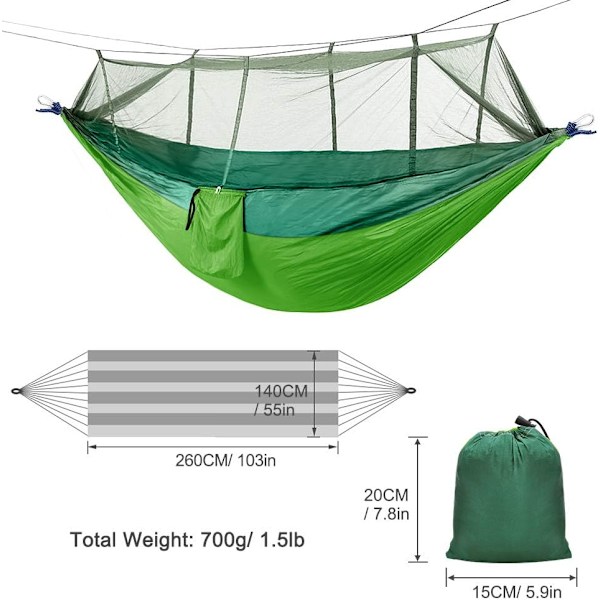 Nylon Hengekøye for 2 personer med stropper og karabinkrok 260x140cm