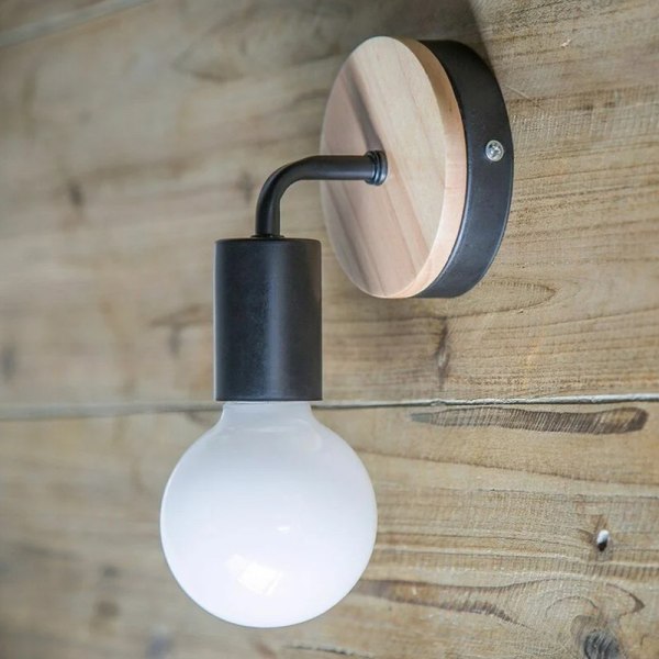 Svart vegglampe E27 LED Jern og tre vegglampe for barnerom