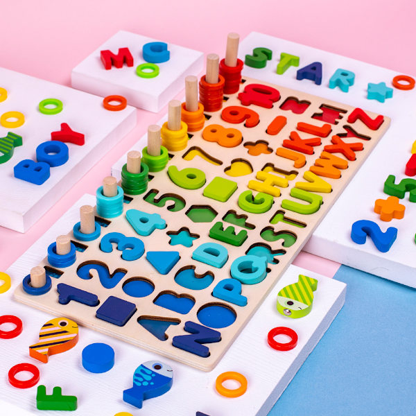 Træ Montessori Puslespil Legetøj 6 i 1 (18*40*7.5cm), Læringsleg