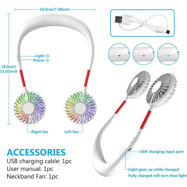 Valkoinen - kaulatuuletin, kannettava tuuletin, mini- USB tuuletin, ladattava portti