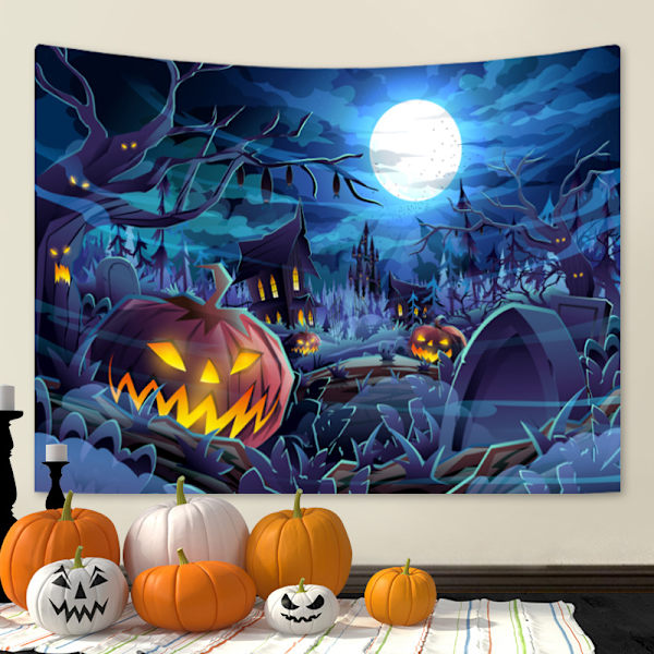 Gobeläng Halloween Orange Pumpa Fullmåne Spökslott Skiss