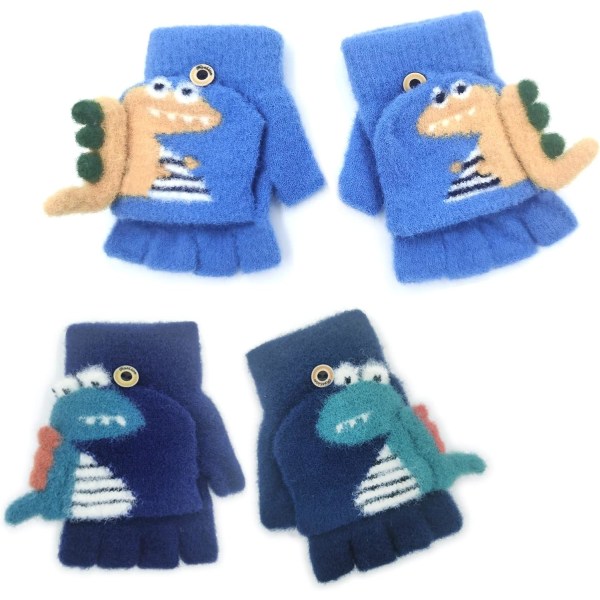 2 Par Knittede Hansker til Barn, Barnas Vinterhansker, Mørk Blå og