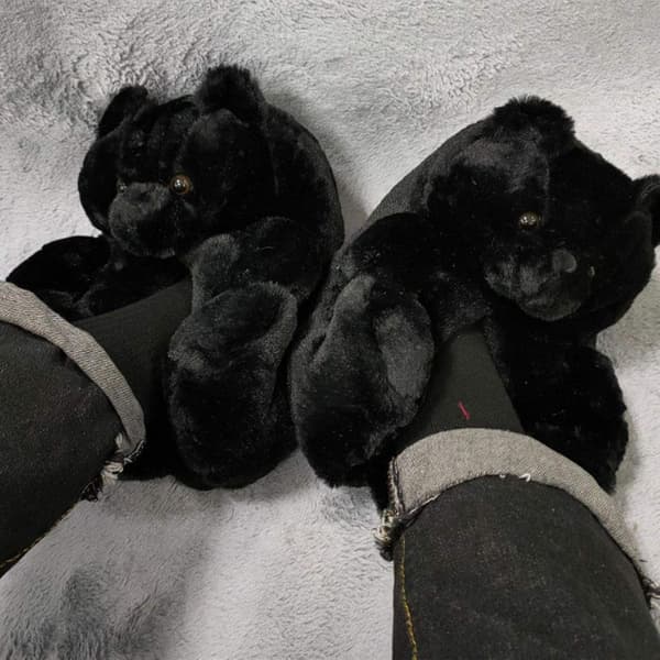 Faux Pels Hjemmesko med Teddybjørn - Sort til Kvinder og Piger