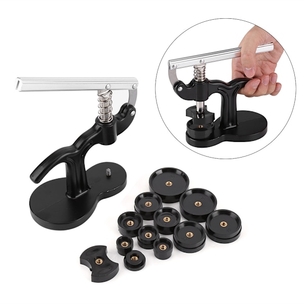 ##/13-delad svart uppsättning tryckverktyg klockpress baksida klockmakare reparation##/