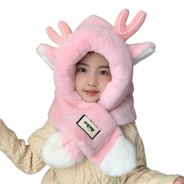 ##/Antler children's plush warm scarf hat 2-in-1，pink##/