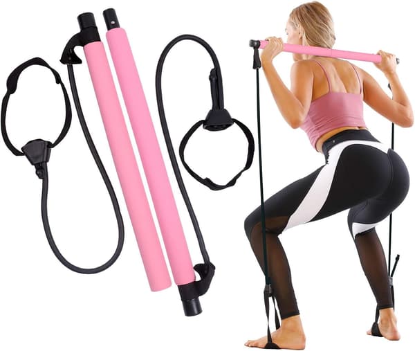 Pink - 1 Pilates Bar med modstandsbånd, bærbar og justerbar
