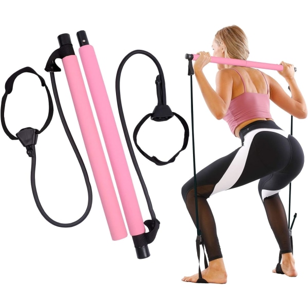 Pink - 1 Pilates Bar with Resistance Band, Portable and Adjustab