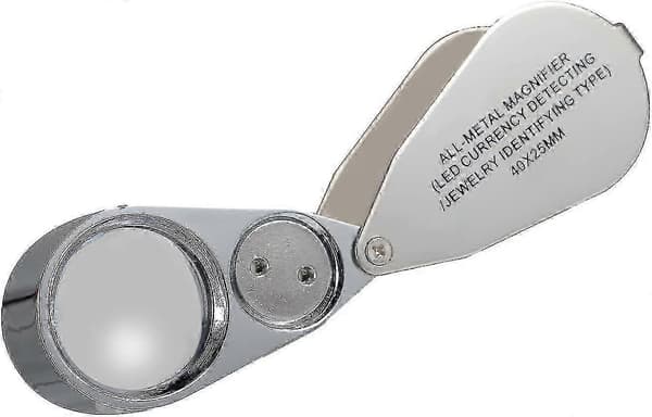 Juwelerares Lupp, 40x förstoring, Tillverkad av metall, Vikbar lupp med LED- och UV-ljus, Magn