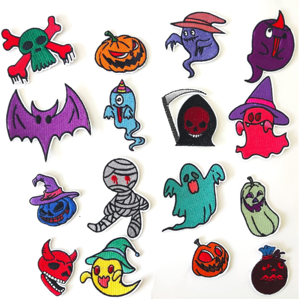 Set med 16 Halloween-inspirerade broderade strykjärnslappar - Blandade
