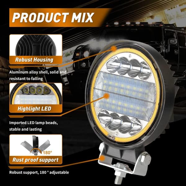 4 stk. 126W LED Spot Light Bar Off Road med 4\" Amber Strobe Halo Ring