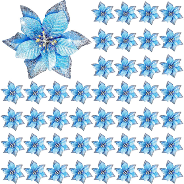 ##/(Blå) 45 Styk Jule-Juleblomst Dekorationer Glitter Juleblomst##/