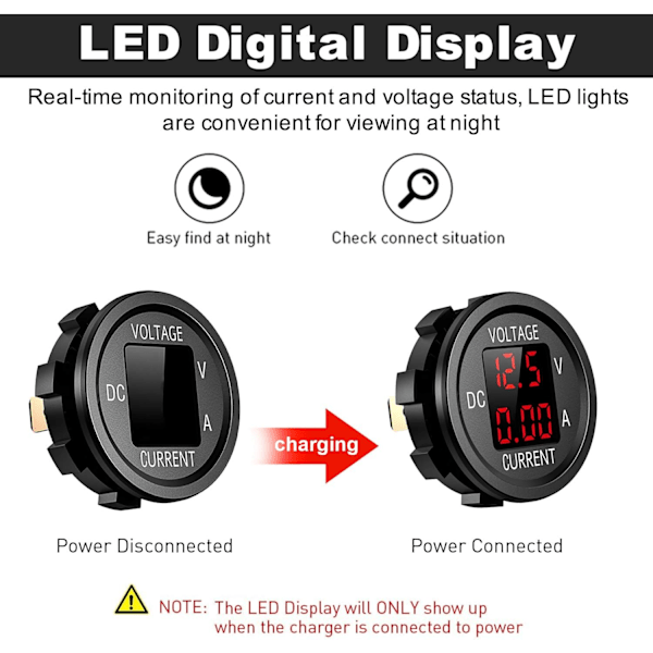 12V Motorsykkel Vanntett LED Digitalt Voltmeter, 9V-48V DC Strøm