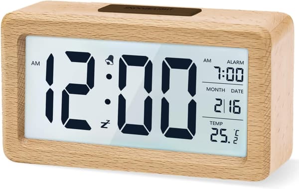 Digital vækkeur, træ-natbordsklok med stor LCD-baggrundsbelysning