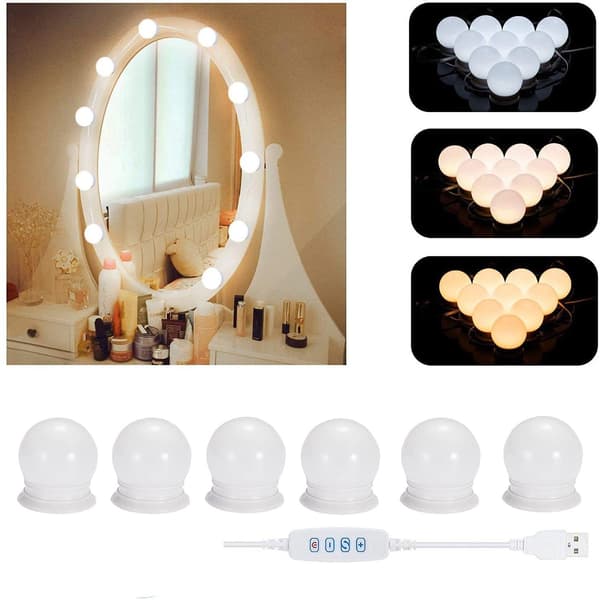 (6 stykker) LED-lys spejl, LED-spejllys, 3 farvetilstande, toiletbordslys, make-up lys