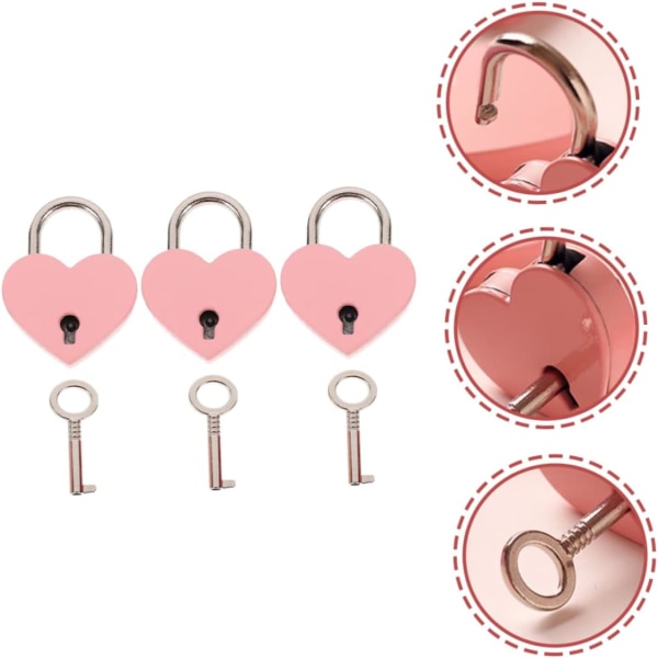 3 sarjaa Love Padlock -riippulukkoa - vaaleanpunainen, pieni sydämenmuotoinen rakkausriippulukko, Zi