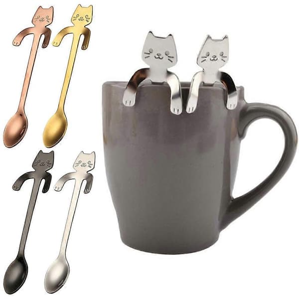 2 st Rostfria Skedar Tecknad Katt Långt Handtag Härliga Dessert Soppbestick 2