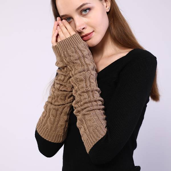 /#/Dame Cashmere Strik Varmer Albuelængde Tommelfinger Hul Fingerløs/#/