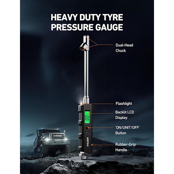 Digital däcktrycksmätare 230 PSI RV Heavy Duty Dual Head Rostfritt stål