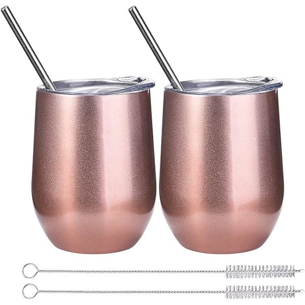 Vinglas i rostfritt stål med lock (roséguld, 2 stycken), 12 oz