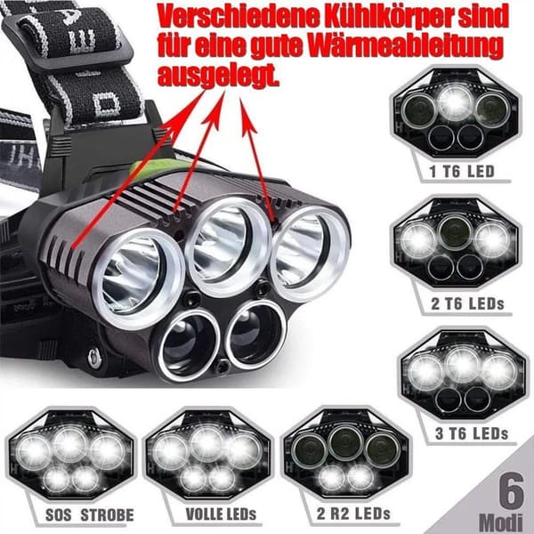 5 LED 6 tilan otsalamppu, ladattava vedenpitävä