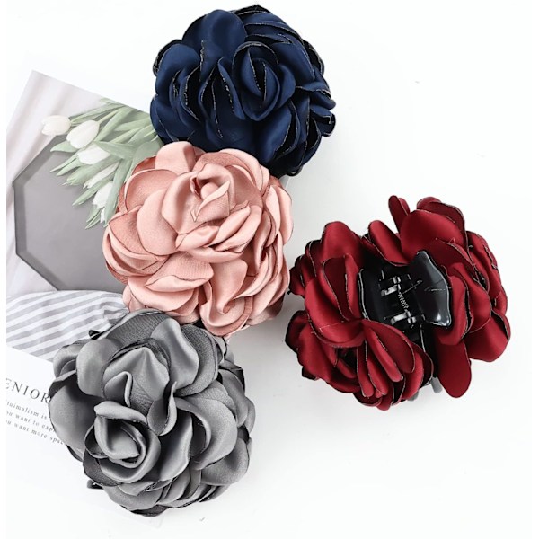 4-pack Svarta Hårklämmor i Plast med Stor Rosblomma