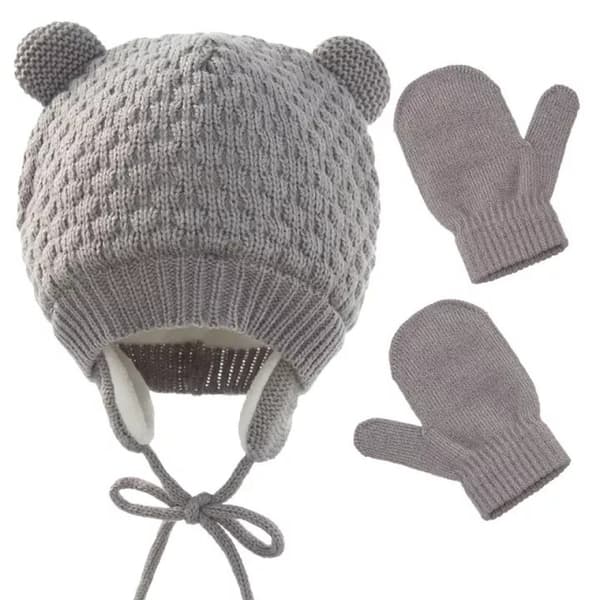 Sæt med 2 strikkede huer BABY hue ører fleece vinterhandsker