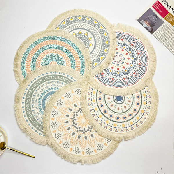 Koppmatte Vakkert Fint Håndverk Sklisikker Bohemstil Nordisk Varmeisolasjon Polyester Bomull Spisebord Matte Brikke Husholdningstilbehør 34cm J