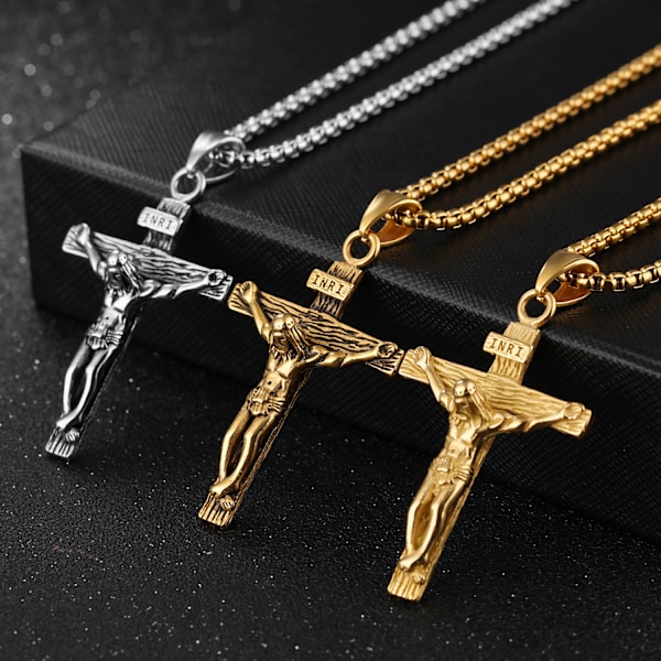 ##/Set med 3 Jesus Kristus Kors Hängsmycken i Rostfritt Stål för Män 7mm Bredd Kedja##/