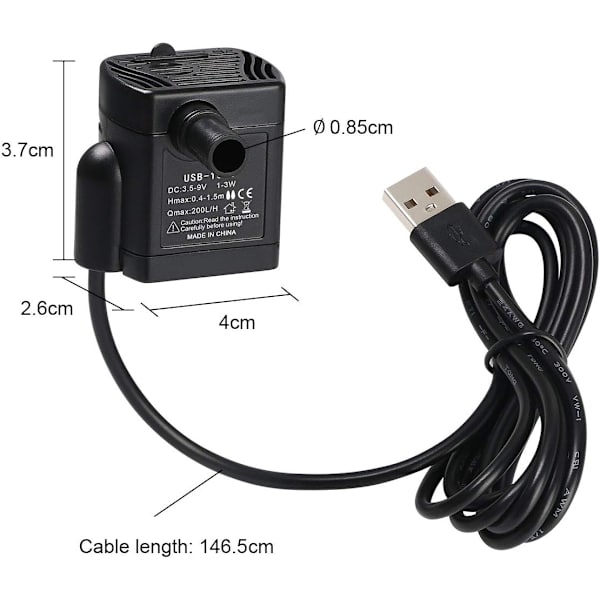 Nedsänkbar Vattenpump, Akvariumpump Justerbar 200L/H 3W Ultra