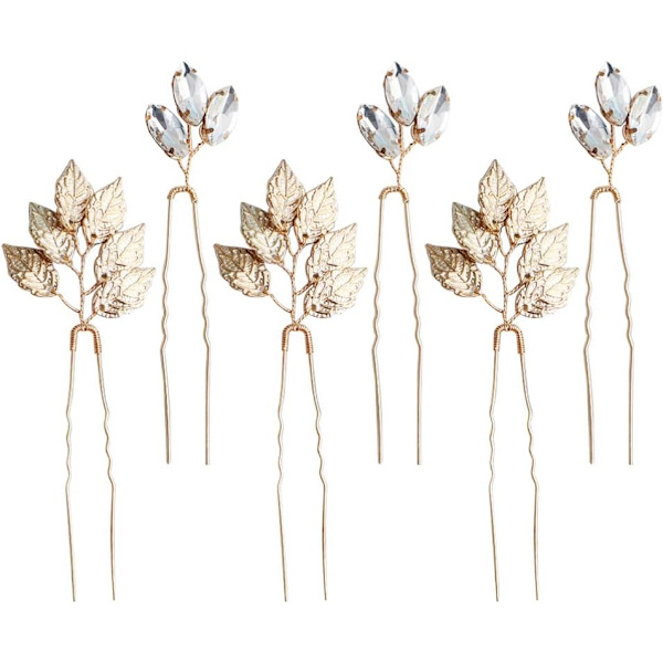 6 stk Brudesløyfe Hårnåler Gull Krystall Blad Hårnåler Blad Bryllup Ha