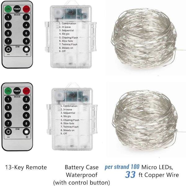 Fe-lyskæder, 2 sæt 10 m 100 LED fe-lyskæder batteridrevet