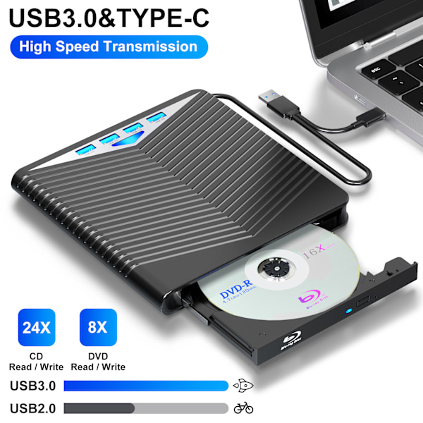 7-in-1 poltin ulkoinen DVD, USB 3.0 Type-C yhteensopiva Windows XP/7/8/10 /Mac os 8.6 tai uudempi