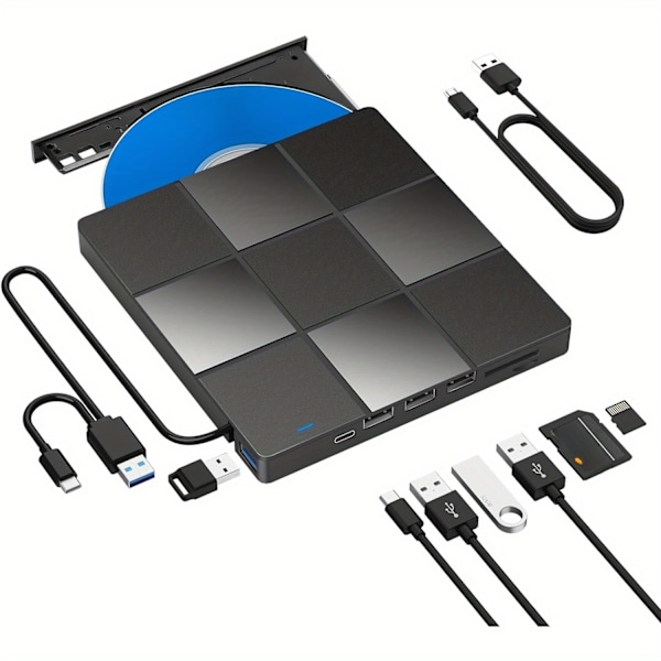 7 I 1 Ekstern DVD-stasjon Plug and Play CD-ROM Brenner Bærbar med USB 3.0 Type-C