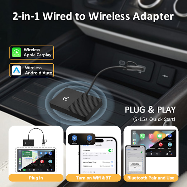 Kablet til trådløs Carplay Android Auto-modul To i én bilforbindelsesboks