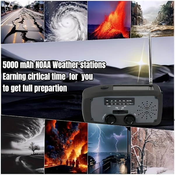 Nödradio med Handvev, Solceller och LED-Ficklampa, 2000mAh Portabel AM/FM Väderradio för Utomhusbruk /röd