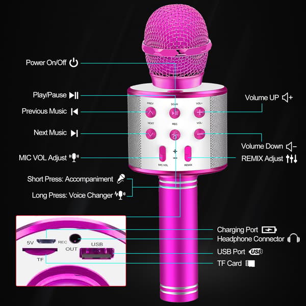 Trådløs Bluetooth mikrofon, Karaoke mikrofon (Rosarød)