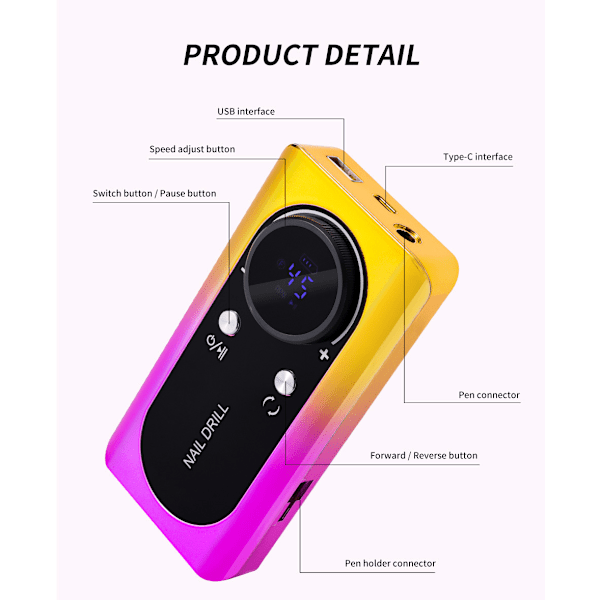 45000RPM Uppladdningsbar Portabel Nagelfil Elektrisk DIY Nagelborr Kit med Smart LCD-Skärm MULTIFÄRGAD