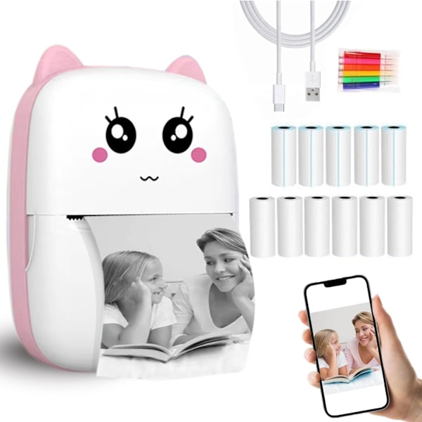Bærbar termisk printer med 11 ruller trykpapir, pink