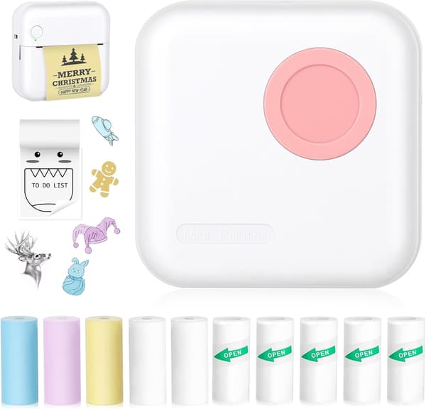 Blekkfri termisk skriver med 10 ruller termisk papir og klistremerker for iOS og Android, rosa