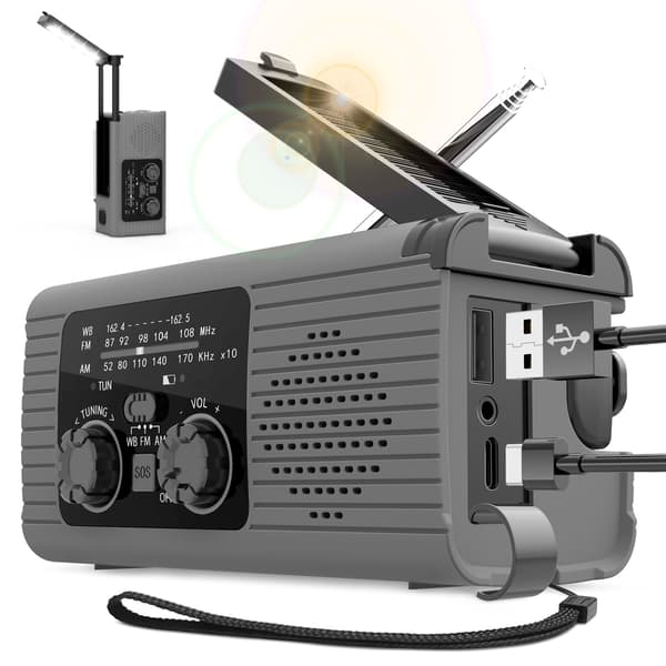Radio aurinkokennolla 2000mah Käsikäyttöinen generaattori taskulampulla (harmaa)
