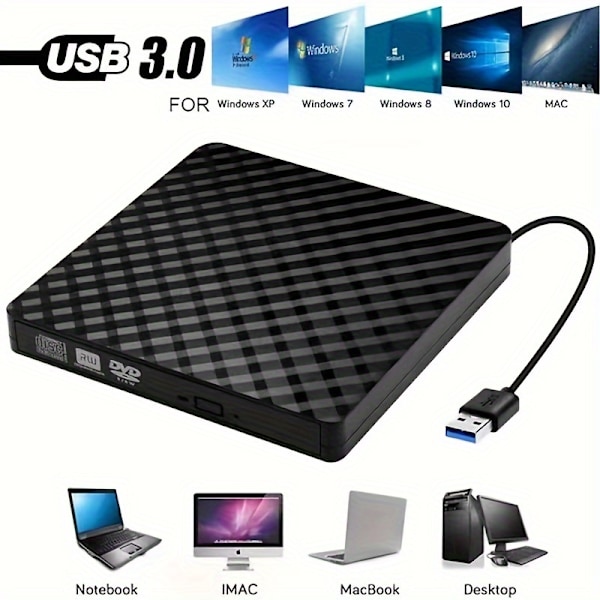 Extern DVD-enhet Portabel USB 3.0 DVD-spelare CD ROM-brännare