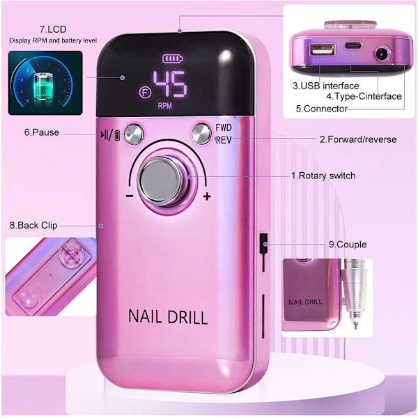 Professionell Nagelfil 45000 RPM, 2000mAh Elektrisk Nagelborr, Kraftfull Nagelborr rosa