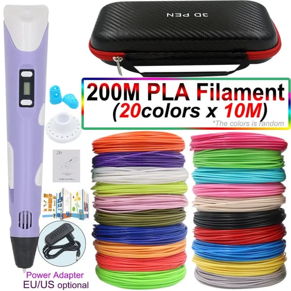 3D-penn med 200 meter PLA-filament og oppbevaringspose (lilla)