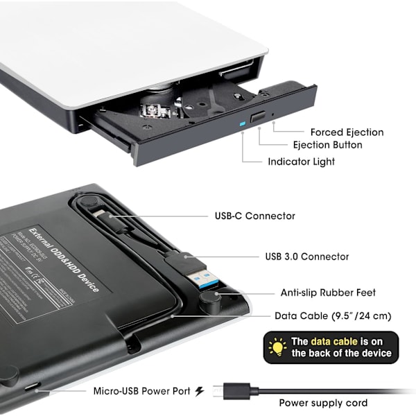 Ulkoinen CD DVD +/-RW -asema USB 3.0 & USB-C Kannettava CD/DVD ROM -soitin poltinlukija (valkoinen)