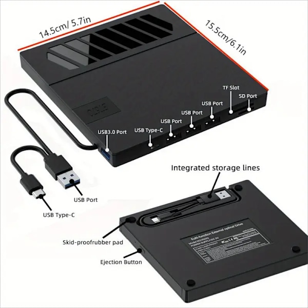 Extern CD/DVD-läsare för Laptop, 7 i 1 USB Ultra-Slim Portabel, Slot-Load CD ROM-brännare