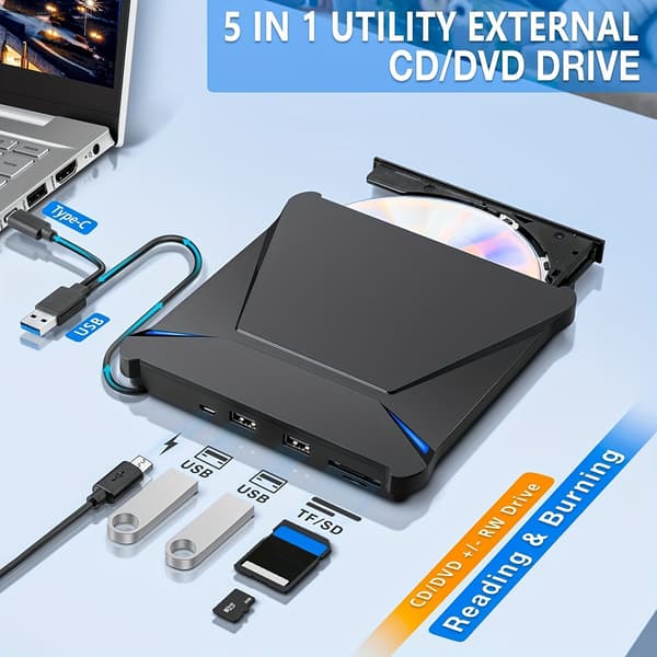 5 i 1 Ekstern DVD-drev, Multi-funktion USB3.0 CD/DVD-afspiller